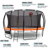 NNEMB 16ft Round Kids Trampoline with Curved Pole Design-Basketball Set and Sprinkler Accessory-Black and Orange