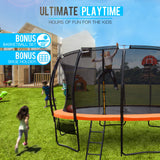 NNEMB 16ft Round Kids Trampoline with Curved Pole Design-Basketball Set and Sprinkler Accessory-Black and Orange