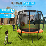NNEMB 8ft Round Kids Trampoline with Curved Pole Design and Sprinkler Accessory-Black and Orange
