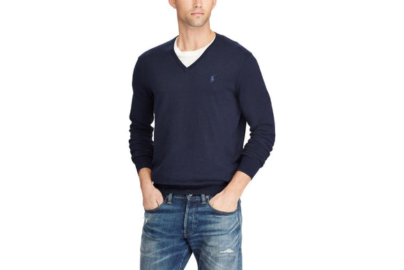 NNEKG Lauren Mens Cotton V Neck Long Sleeve Sweater (Hunter Navy Size 2XL)