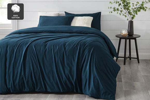 NNEKGE Aesop Stone Wash 100% Cotton Quilt Cover Set (Sky Queen)