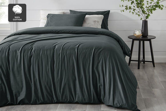 NNEKGE Aesop Stone Wash 100% Cotton Quilt Cover Set (Charcoal Queen)