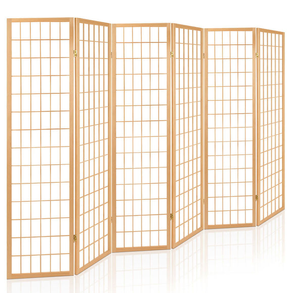 NNEDSZ 6 Panel Room Divider Privacy Screen Foldable Pine Wood Stand Natural