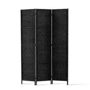 NNEDSZ 3 Panel Room Divider Privacy Screen Rattan Woven Wood Stand Black