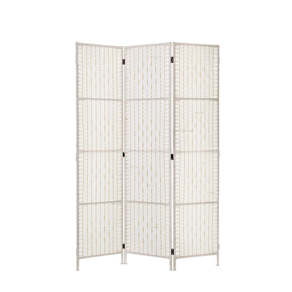 NNEDSZ 3 Panels Room Divider Screen Privacy Rattan Timber Fold Woven Stand White