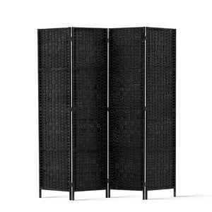 NNEDSZ 4 Panel Room Divider Privacy Screen Rattan Woven Wood Stand Black