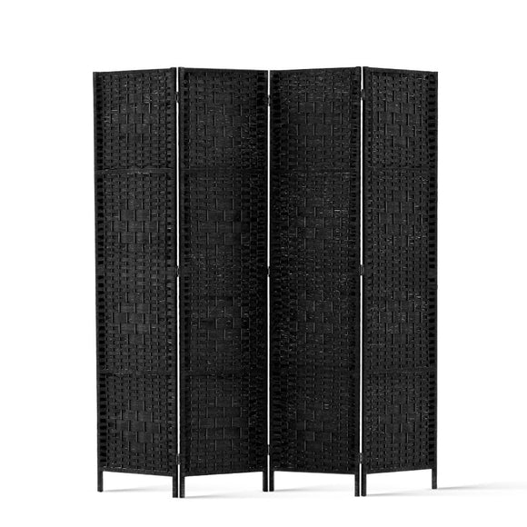 NNEDSZ 4 Panel Room Divider Privacy Screen Rattan Woven Wood Stand Black