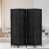 NNEDSZ 4 Panel Room Divider Privacy Screen Rattan Woven Wood Stand Black