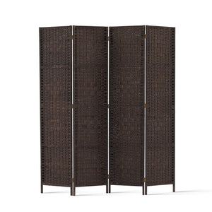 NNEDSZ 4 Panel Room Divider Privacy Screen Rattan Woven Wood Stand Brown