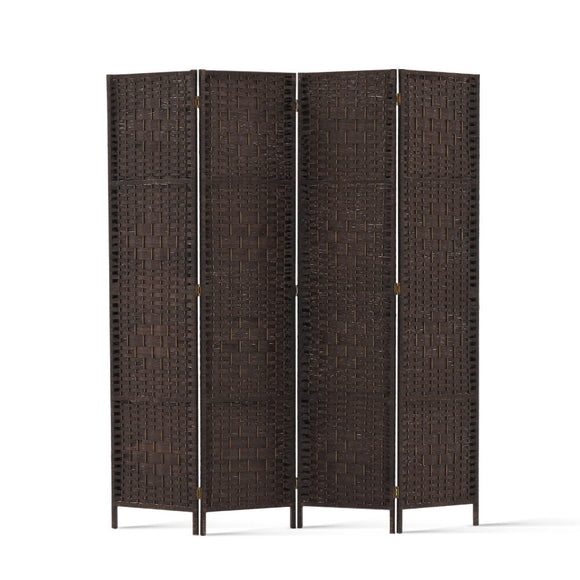 NNEDSZ 4 Panel Room Divider Privacy Screen Rattan Woven Wood Stand Brown