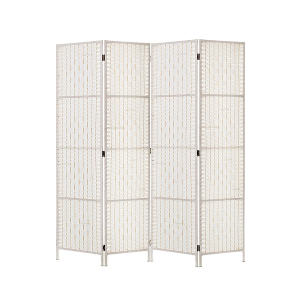 NNEDSZ 4 Panels Room Divider Screen Privacy Rattan Timber Fold Woven Stand White