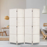 NNEDSZ 4 Panels Room Divider Screen Privacy Rattan Timber Fold Woven Stand White
