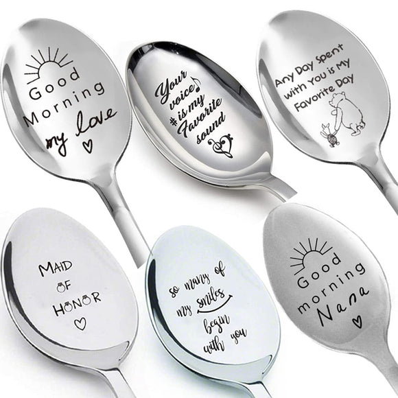 NNEOBA Valentines Day Gift Anniversary Gift for Boyfriend Stainless Steel Spoon Good Morning Handsome Beautiful Girlfriend Present