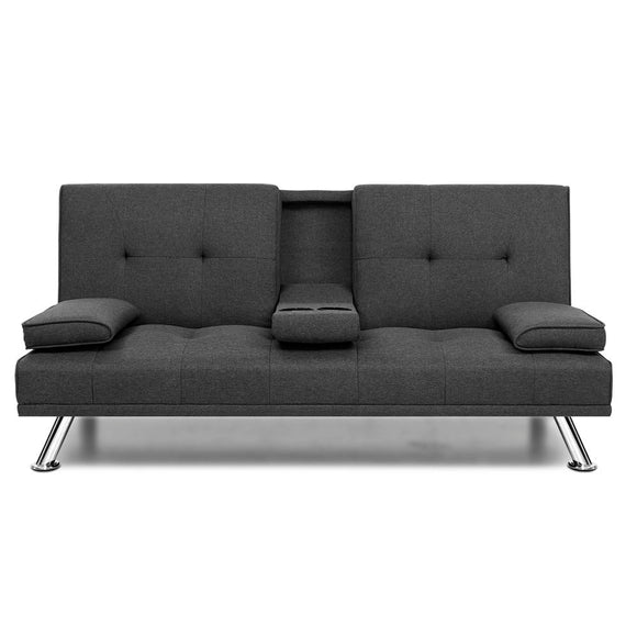 NNEDSZ Linen Fabric 3 Seater Sofa Bed Recliner Lounge Couch Cup Holder Futon Dark Grey