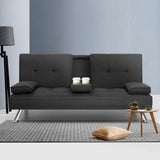 NNEDSZ Linen Fabric 3 Seater Sofa Bed Recliner Lounge Couch Cup Holder Futon Dark Grey
