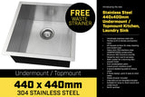 NNEDPE 304 Stainless Steel Undermount Topmount Kitchen Laundry Sink - 440 x 440mm
