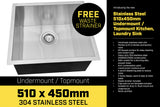NNEDPE 304 Stainless Steel Undermount Topmount Kitchen Laundry Sink 51x45cm