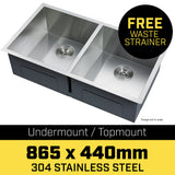 NNEDPE 304 Stainless Steel Undermount Topmount Kitchen Laundry Sink - 865 x 440mm