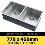 NNEDPE 304 Stainless Steel Undermount Topmount Kitchen Laundry Sink - 770 x 450mm