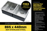 NNEDPE 304 Stainless Steel Undermount Topmount Kitchen Laundry Sink - 865 x 440mm