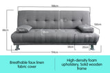 NNEDPE Sarantino 3 Seater Linen Sofa Bed Couch Lounge Futon - Light Grey