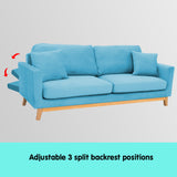 NNEDPE Sarantino 3 Seater Faux Velvet Wooden Sofa Bed Couch Furniture - Blue