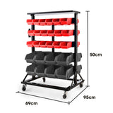 NNEMB 52 Parts Bin Rack Storage System Mobile Double-Sided-Red