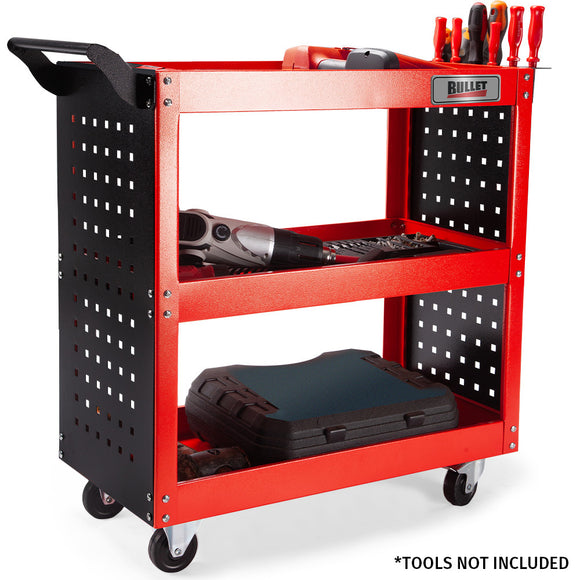 NNEMB 3-Tier Steel Tool Trolley Cart for Workshop-Mechanic-with Pegboard-Screwdriver Bay-Red