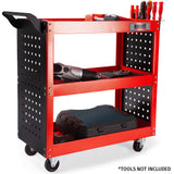 NNEMB 3-Tier Steel Tool Trolley Cart for Workshop-Mechanic-with Pegboard-Screwdriver Bay-Red