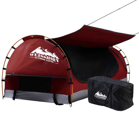 NNEDSZ Swag King Single Camping Swags Canvas Free Standing Dome Tent Red with 7CM Mattress