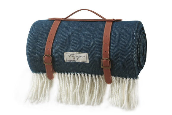 NNEKGE Riley Picnic Rug with Reusable Faux Leather Belt (Navy)