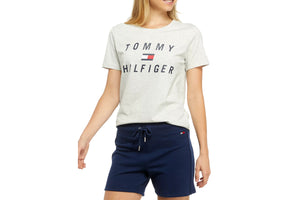 NNEKG Hilfiger Womens Short Sleeve Crew Neck Tee with Printed Graphics (White Stone Heather Size XXL)
