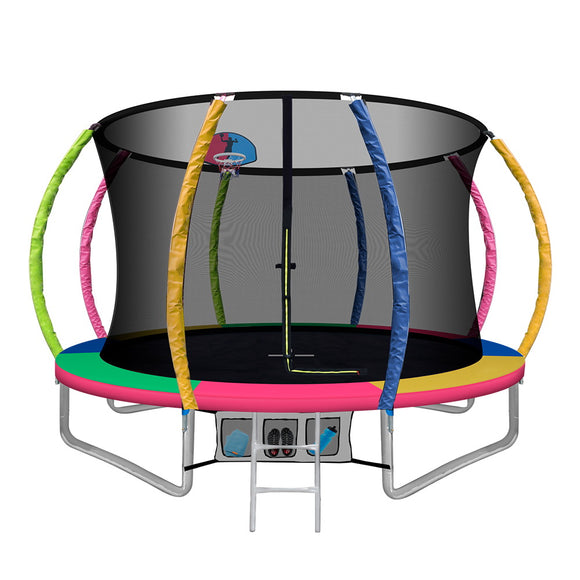 NNEDSZ 10FT Trampoline Round Trampolines With Basketball Hoop Kids Present Gift Enclosure Safety Net Pad Outdoor Multi-coloured