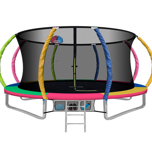 NNEDSZ 14FT Trampoline Round Trampolines With Basketball Hoop Kids Present Gift Enclosure Safety Net Pad Outdoor Multi-coloured