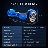 NNEMB Gen III Hoverboard Scooter 6.5 Wheels-Colour LED Lighting-Carry Bag-Metallic Blue