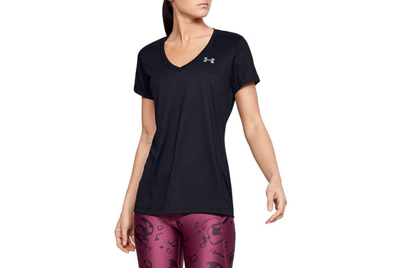 NNEKG Under Armour Womens Tech Short Sleeve V Neck Solid Tee (Black Metallic Silver Size M)