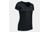 NNEKG Under Armour Womens Tech Short Sleeve V Neck Solid Tee (Black Metallic Silver Size L)