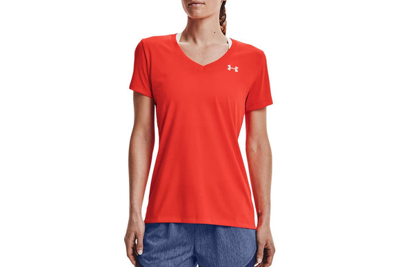 NNEKG Under Armour Womens Tech Short Sleeve V Neck Solid Tee (Phoenix Fire Metallic Silver Size M)