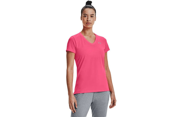 NNEKG Under Armour Womens Tech Short Sleeve V neck Solid Tee (Cerise Metallic Silver Size XS)