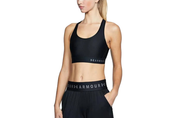 NNEKG Under Armour Womens Armour Mid Keyhole Bra (Black Black Metallic Silver Size XL)