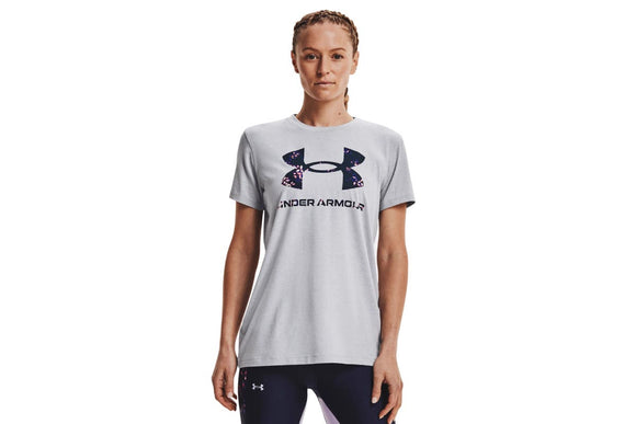 NNEKG Under Armour Womens Live Sportstyle Graphic Short Sleeve Tee (Mod Grey Light Heather Midnight Navy Size S)