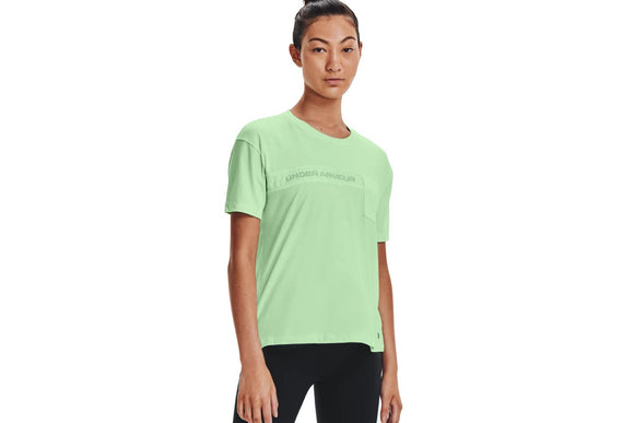 NNEKG Under Armour Womens Live Pocket Mesh Graphic Short Sleeve Tee (Aqua Foam Blue Note Size M)