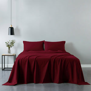 NNEDSZ Comfort Vintage Washed 100% Cotton Sheet Set Fitted Flat Sheet Pillowcases Single Mulled Wine