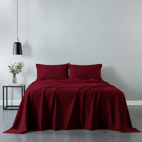 NNEDSZ Comfort Vintage Washed 100% Cotton Sheet Set Fitted Flat Sheet Pillowcases Single Mulled Wine