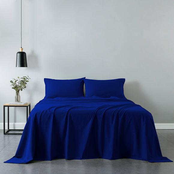 NNEDSZ Comfort Vintage Washed 100% Cotton Sheet Set Fitted Flat Sheet Pillowcases Double Royal Blue