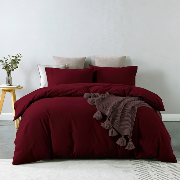 NNEDSZ Comfort Vintage Washed 100% Cotton Quilt Cover Set Bedding Ultra Soft Single Mulled Wine