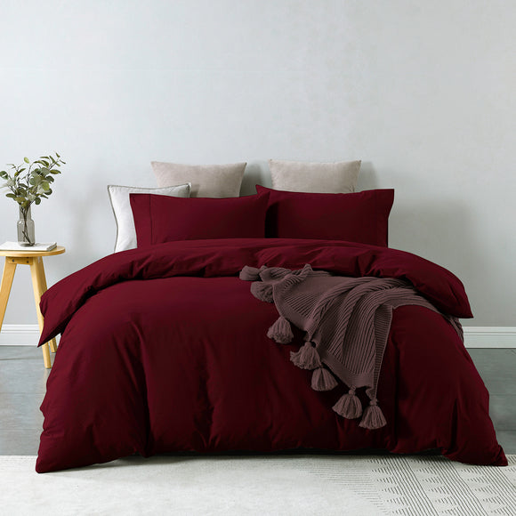 NNEDSZ Comfort Vintage Washed 100% Cotton Quilt Cover Set Bedding Ultra Soft Double Mulled Wine