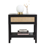 NNEDSZ Decor Tulum Rattan Bedside Table Drawers Table Nightstand Cabinet Black