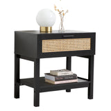NNEDSZ Decor Tulum Rattan Bedside Table Drawers Table Nightstand Cabinet Black
