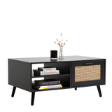 NNEDSZ Decor Tulum Rattan Coffee Table Storage Drawer Furniture Wooden Black